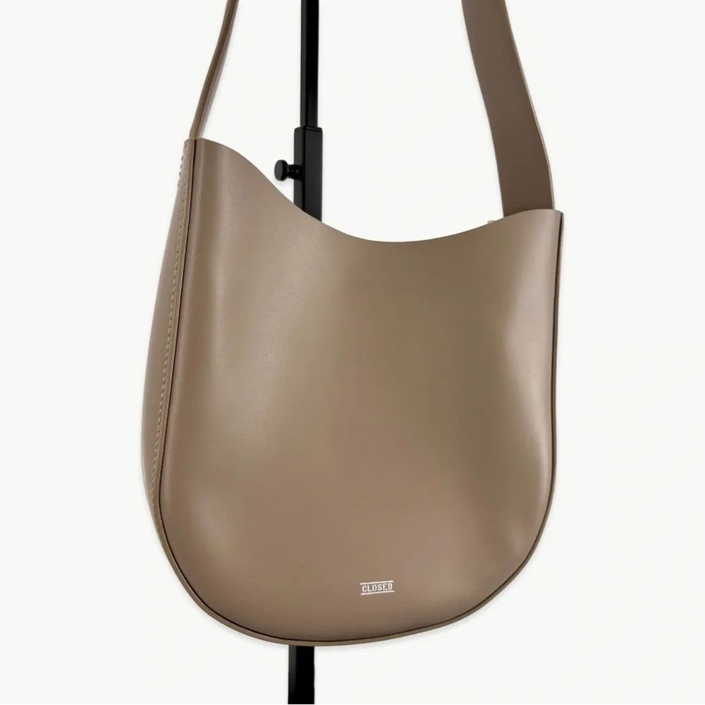Closed Half Round 100% Calfskin Leather Tote Shoulder Bag | Grey - Picture 12 of 15